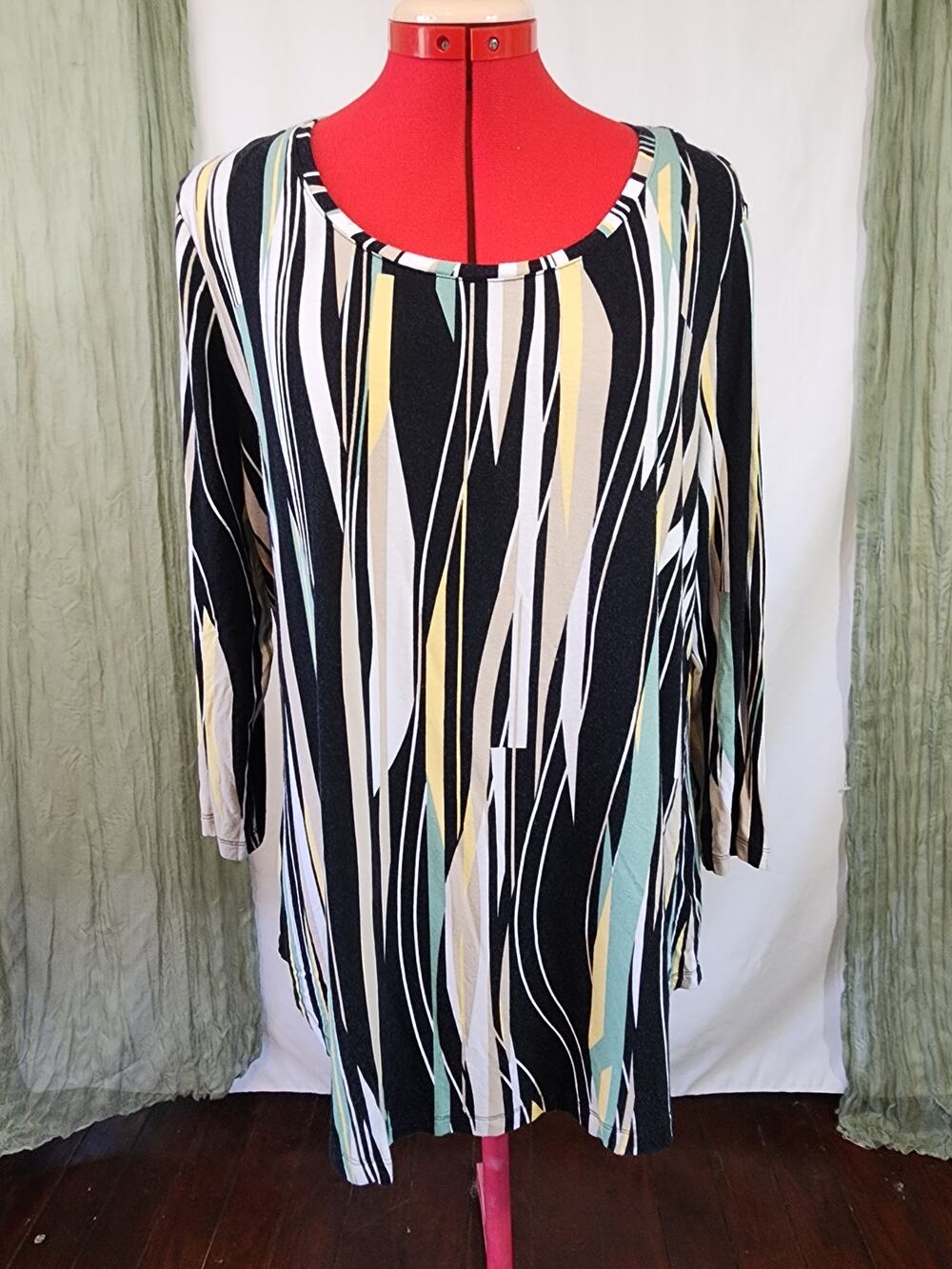 JM Collections Black White Stretch Knit Long Sleeves Tunic Blouse Size L